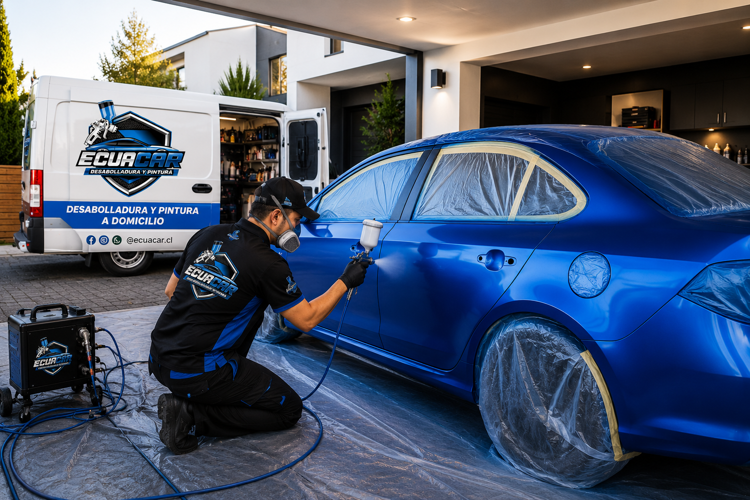 Técnico EcuaCar pintando auto a domicilio en Santiago